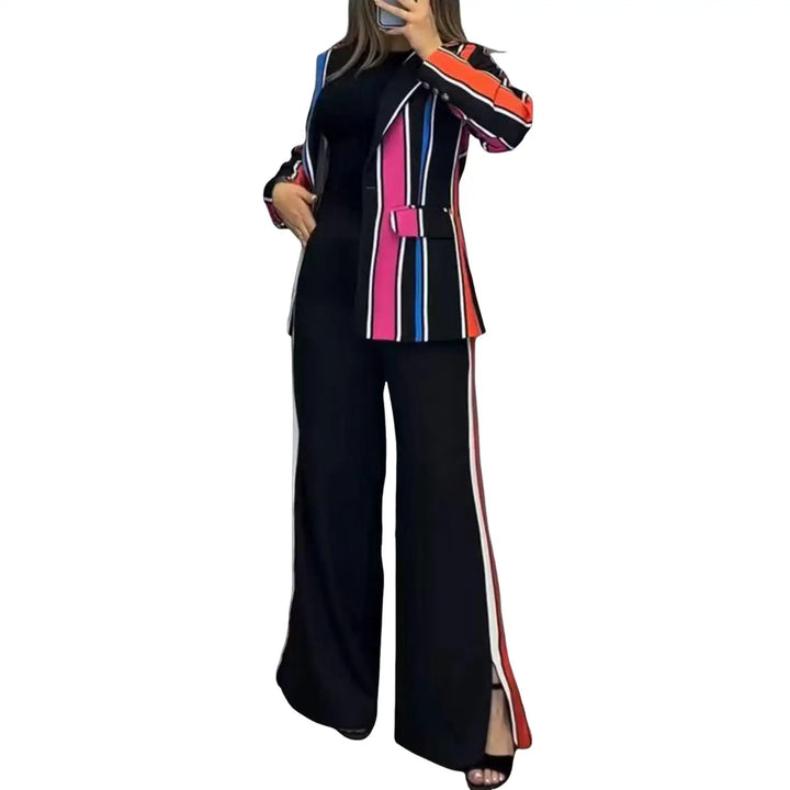 Women's Lapel Solid Color Striped Casual Suit
