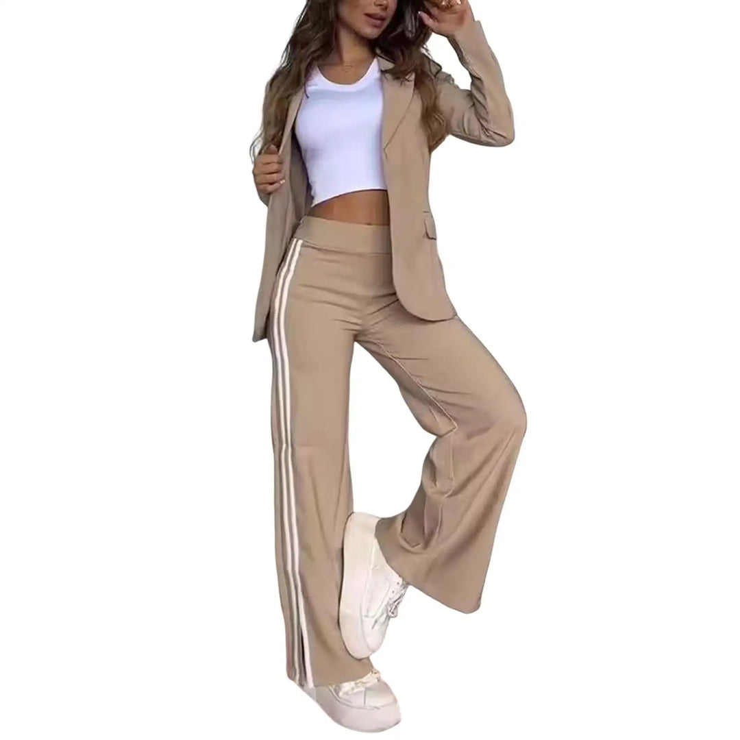 Women's Lapel Solid Color Striped Casual Suit