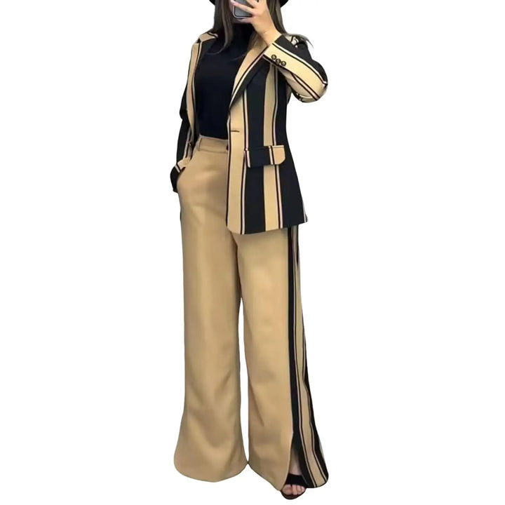 Women's Lapel Solid Color Striped Casual Suit