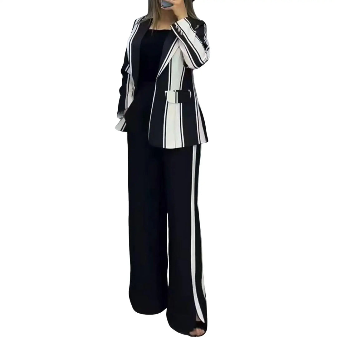 Women's Lapel Solid Color Striped Casual Suit