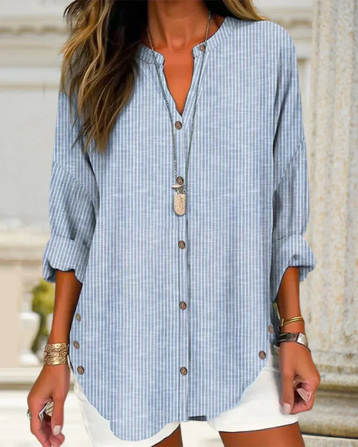 Lucida – Elegant V-Neck Top w/ Timeless Stripe Pattern