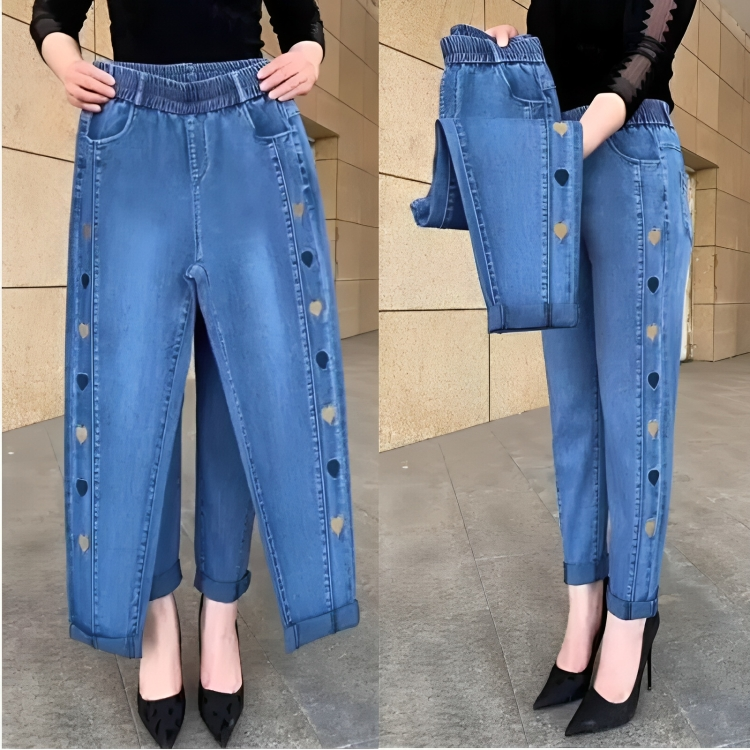 Soraya - Women's Highly Elastic Jeans with Heart Motif Embroidery